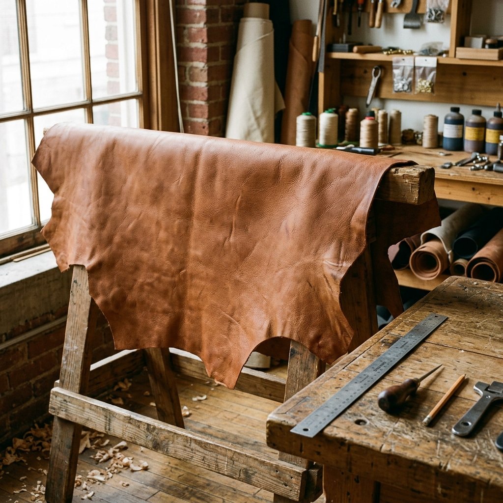 Tan leather hide draped over a wooden sawhorse in a workshop