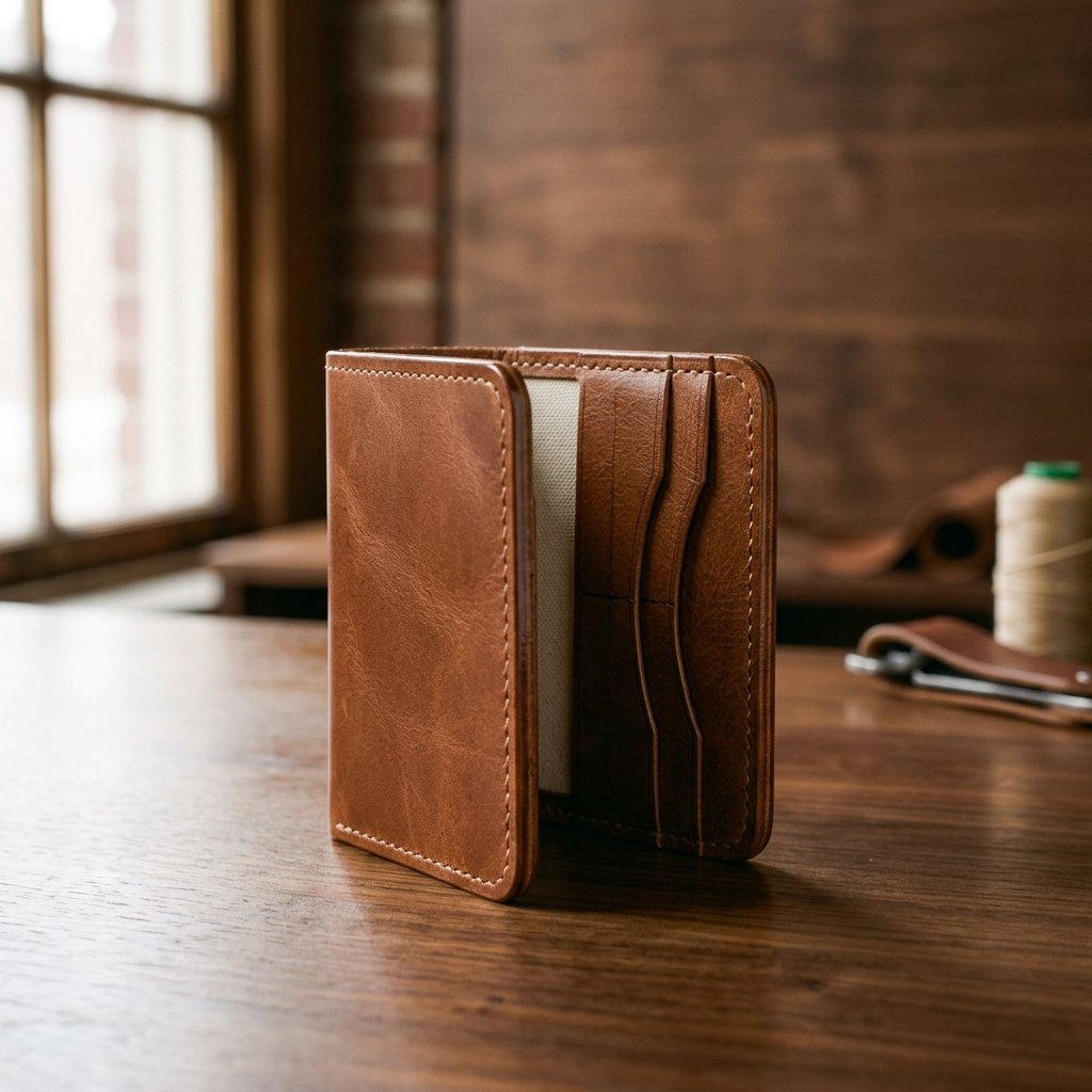 Finished leather bifold card wallet standing on a wooden table